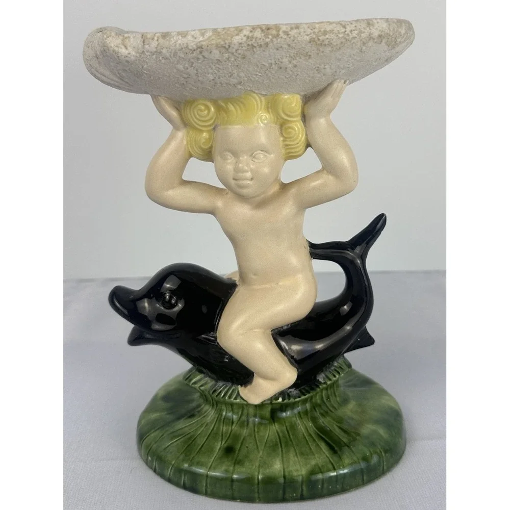 VTG Cherub Dolphin Soap Dish Ceramic Bathroom Vanity Tray Angel Shell Holder